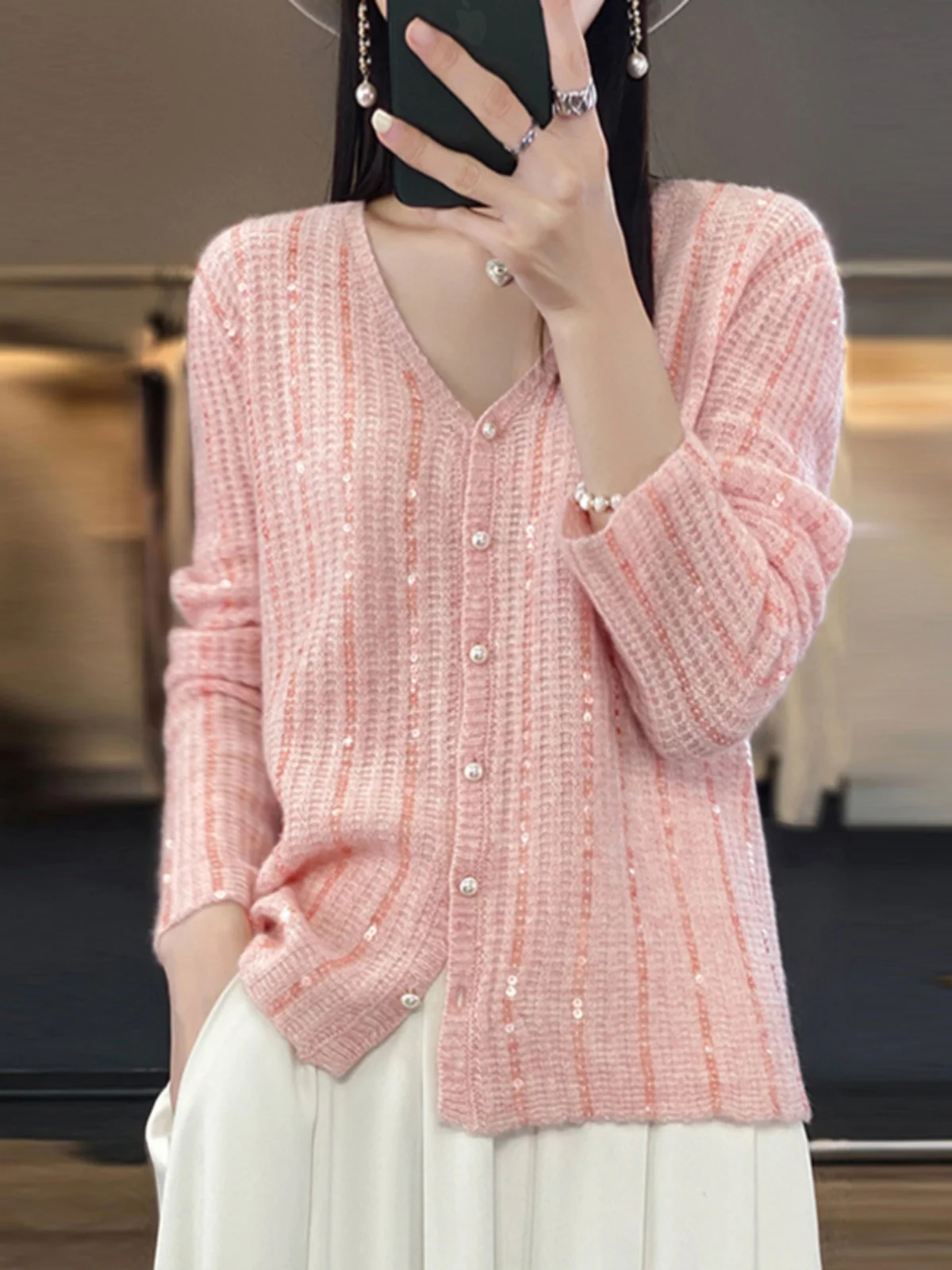 

Ele V-Ne Camere Open Cardigan Women's Loose Fit Pearl Button Knitted Sweater Versatile Base Layer Outerwear