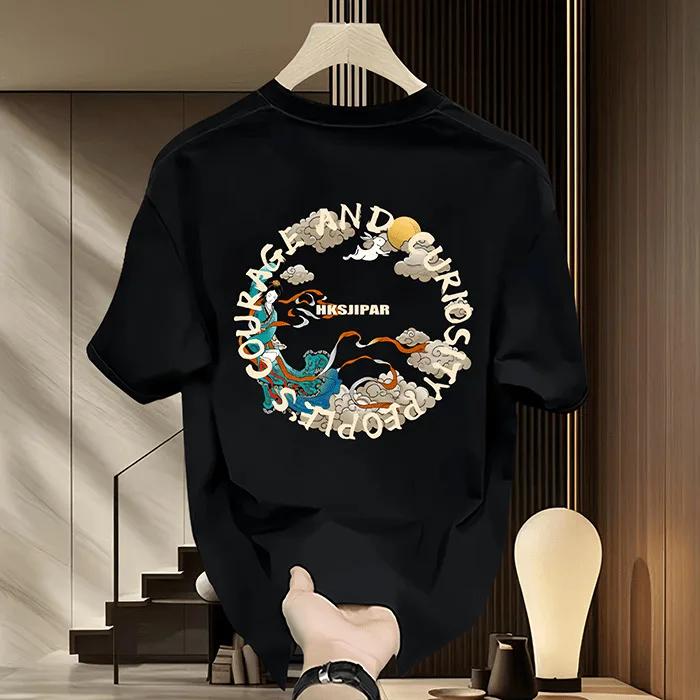 

Chinese mythology printed t-shirt street fashion round neck heavyweight men's 100% cotton 2025 summer short-sleeved t-shirt