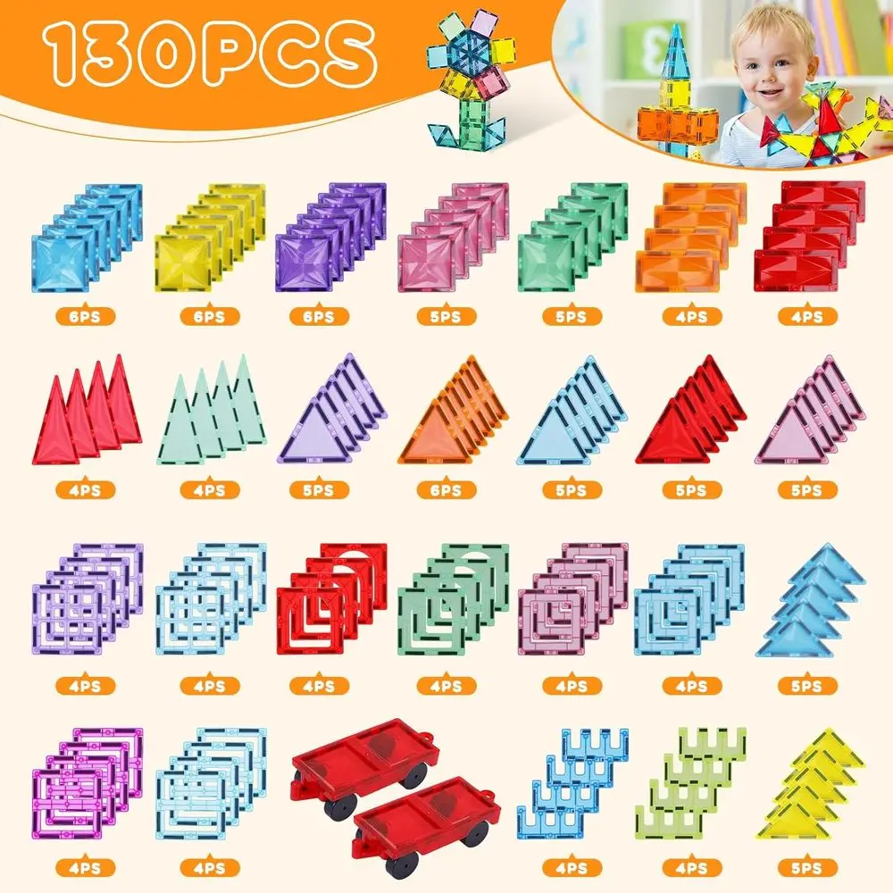 130-Piece Magnetic Building Blocks Set with 2 Cars, 4D Diamond Shapes, STEM Toys for Kids Ages 3-8