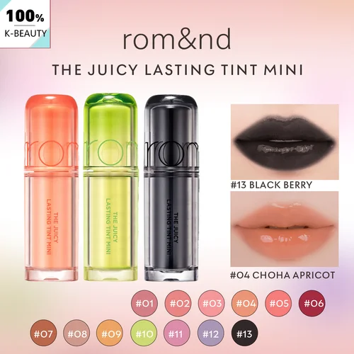 Rom&nd THE JUICY LASTING TINT MINI, textura brillante jugosa, ligero no pegajoso, diseño portátil, glamour, K-Beauty, maquillaje coreano