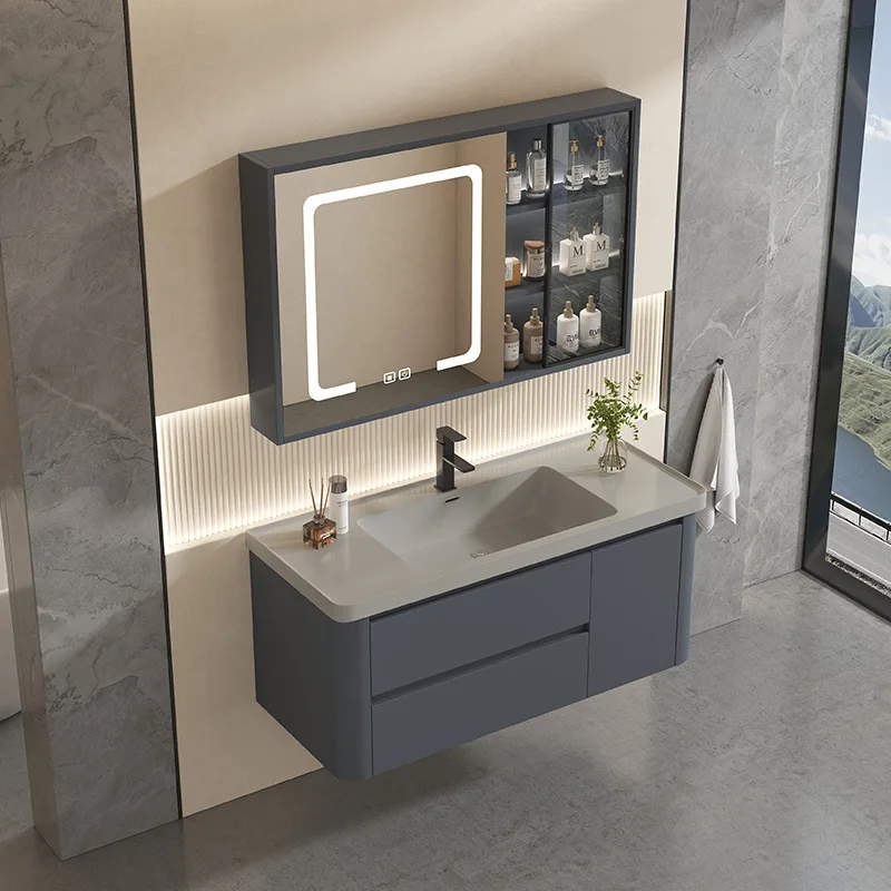 Bathroom cabinet Ceramic integrated basin Bathroom solid wood multi-layer board Modern simple washing table Face washing