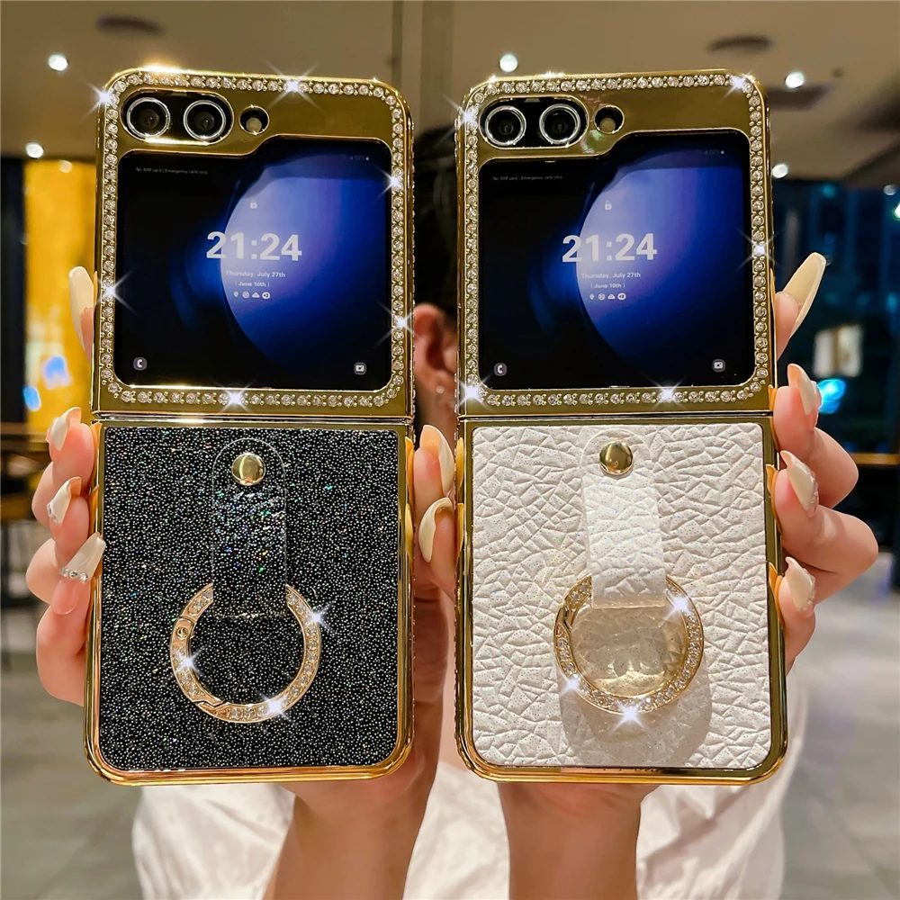Luxury Glitter Gold Ring Cover Diamond Case For Samsung Galaxy Z Flip 6 Flip 4 Leather Case For Samsung Galaxy Z Flip 5 Z Flip 3