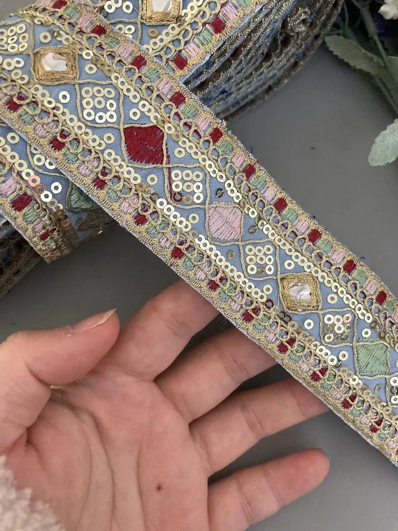 1 Yard Light Blue 4.5cm Wide Ethnic Style Embroidery Lace Accessories Diamond-shaped Sequin Embroidered Barcode Clothing Webbing