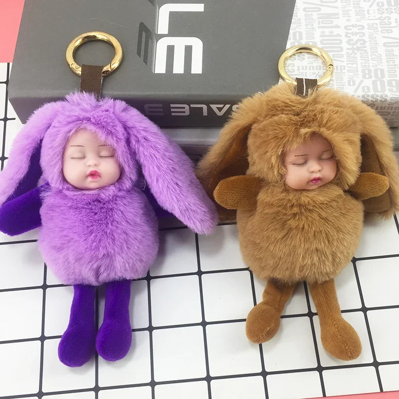 New cute long ears sleeping adorable baby plush doll key chain pendant lady bag car pendant toys holiday gifts.