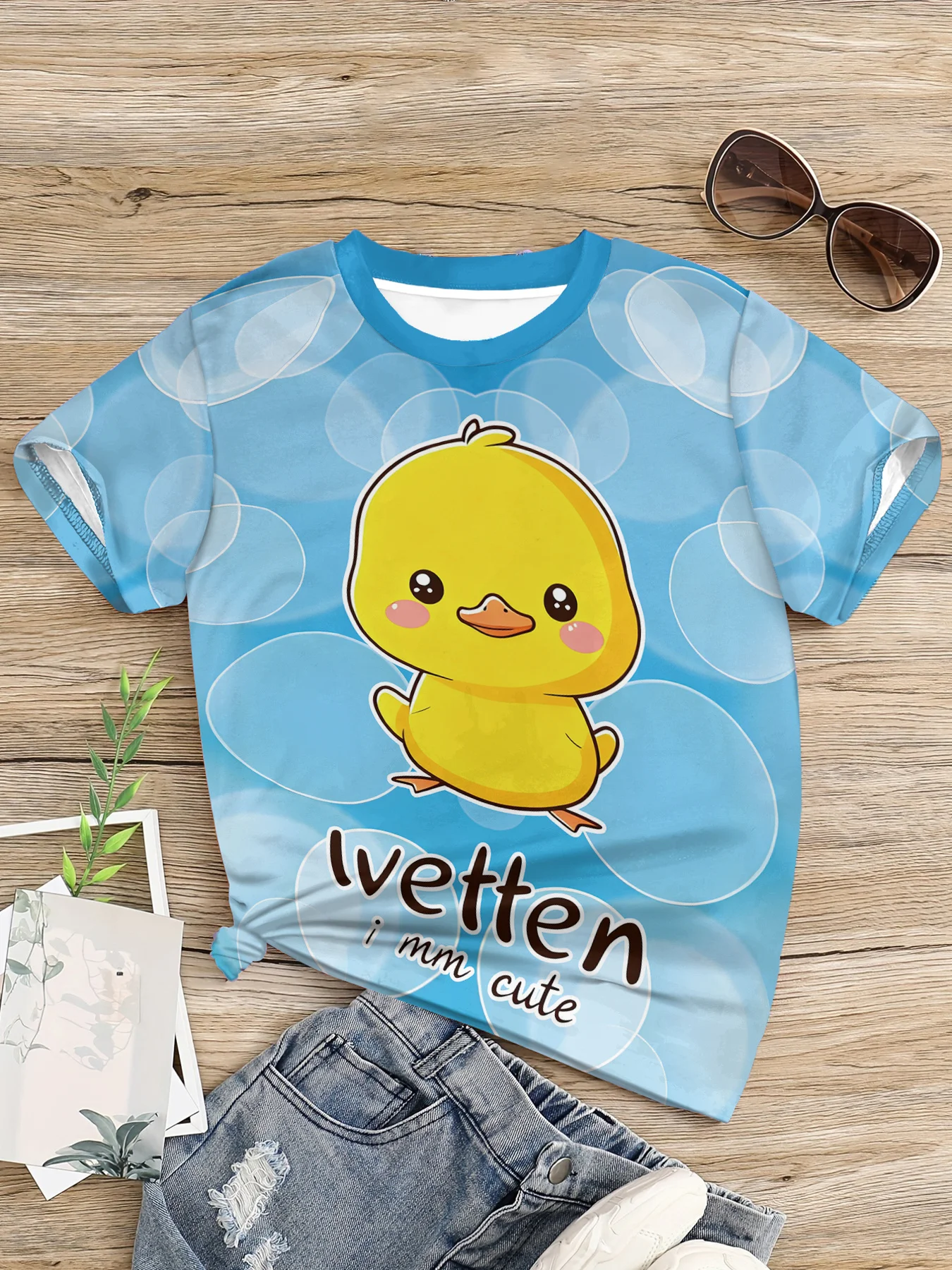Girls Cute Yellow Duck T-Shirt, Cartoon Little Duck Bubble Background Print Short Sleeve Crew Neck Kids Graphic Tee