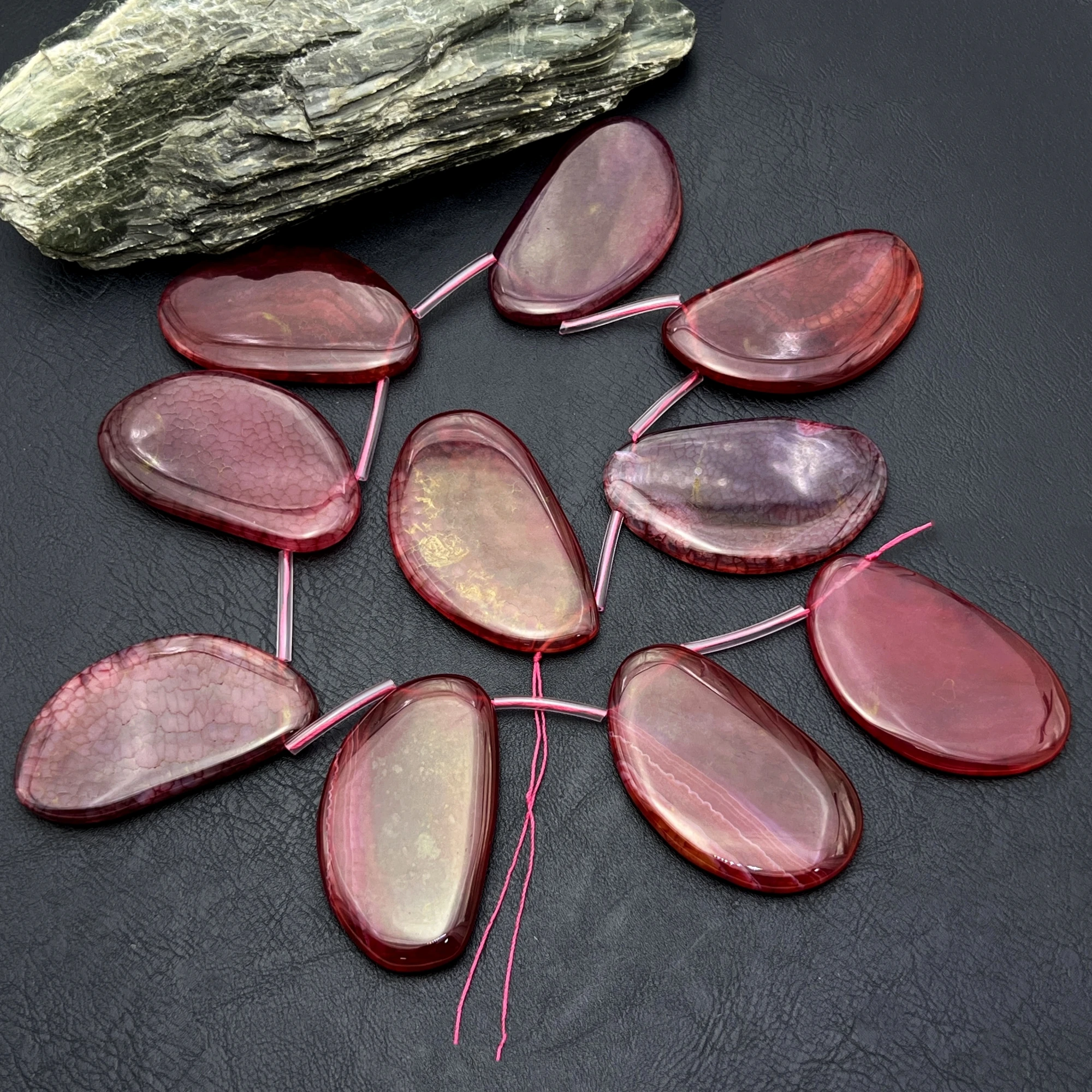 10PCS Side Drilled Large Red Dragon Veins Agates Slice Pendant Beads,Irregular Focus Beads