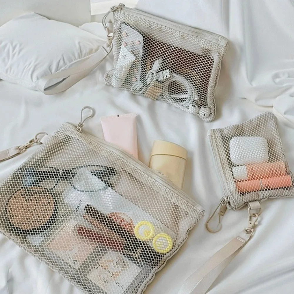 Lightweight Mesh Storage Bag Polyester With Zipper Toiletry Bag Solid Color Multifunctional Cosmetic Bag Multi-Purpose Use