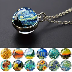 Oil Painting Necklaces Starry Moon Night Sunflower Double Side Glass Ball Pendant Necklace Women Van Gogh Monet Art Jewelry Gift