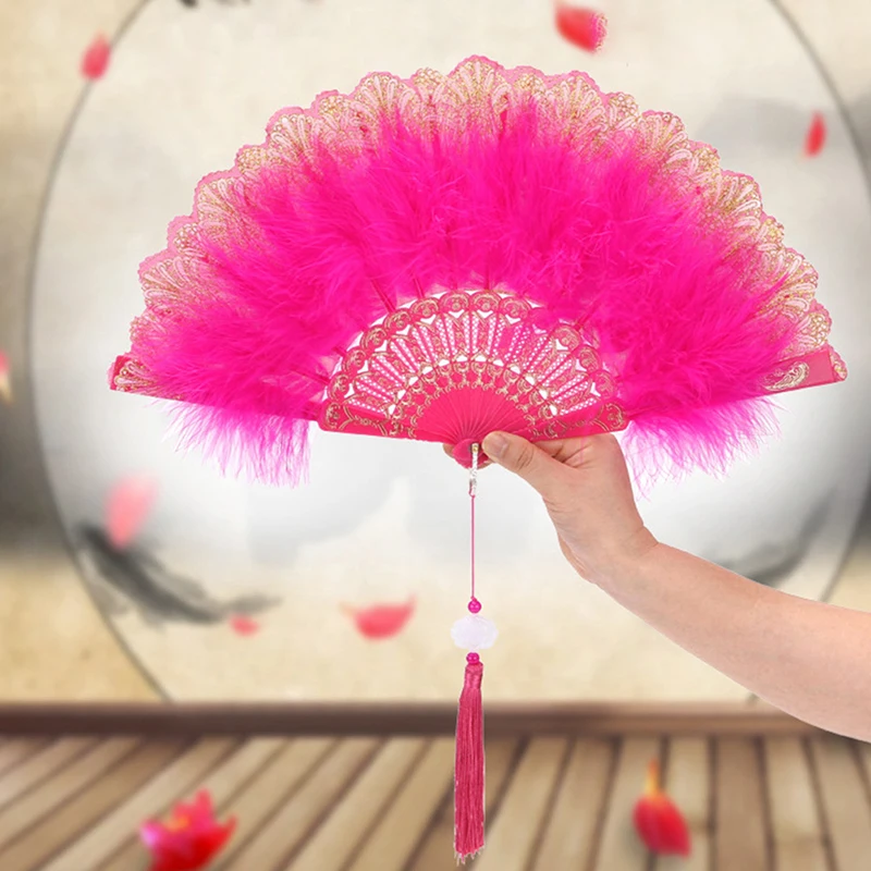 【F】Lolita Feather Folding Fan Japanese Girl Dark Gothic Court Dance Hand Fan With Pendant Gift Wedding Party Decoration