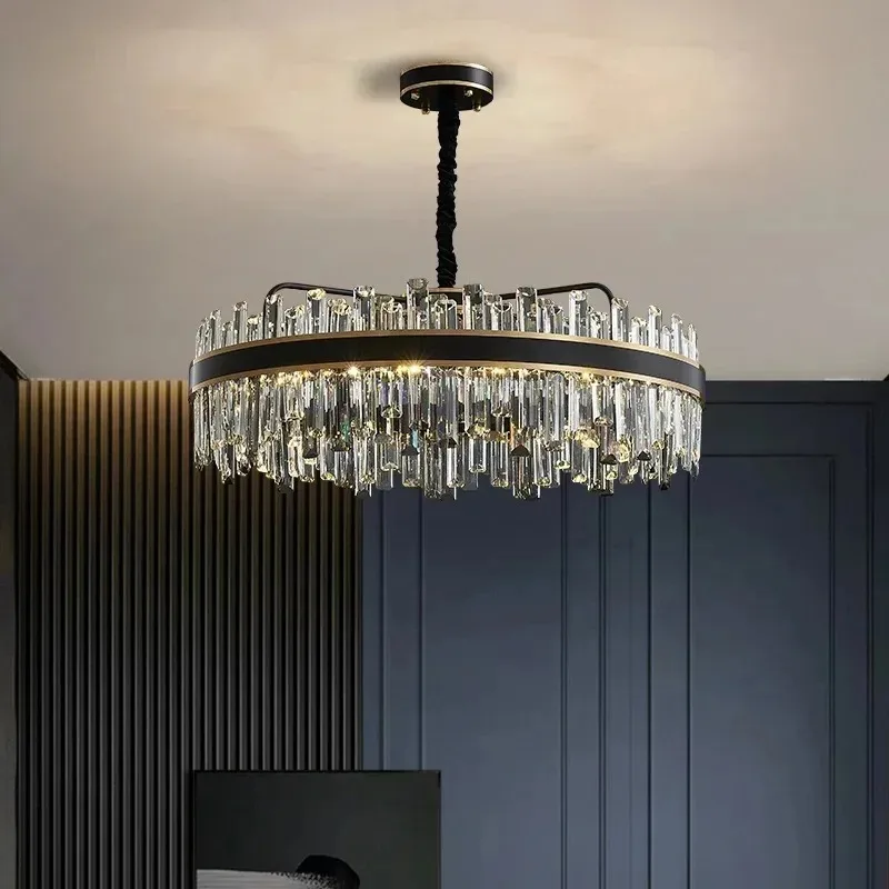 Crystal chandelier living room main lamp light luxury modern simple high-end atmosphere luxury villa black double-layer round la