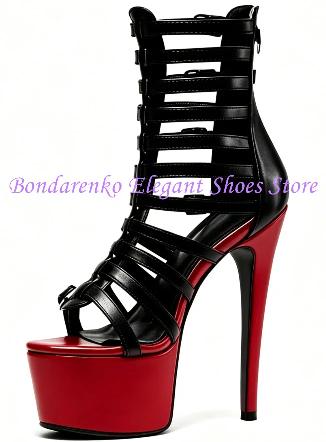 

Black Leather Hollow Out Woman Platform Sandals Fashion Stiletto Heel Strappy Lady High Heels Sandals Dress Party Pumps Shoes