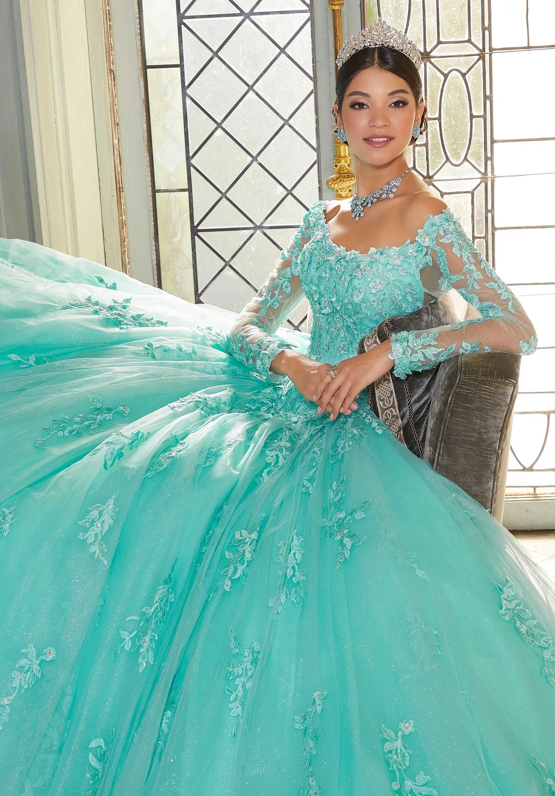 EVLAST-vestido De Quinceañera De manga larga De encaje con purpurina, 2024, apliques florales en 3D, cuentas dulces, 16 Vestidos De 15 Años, TQD147