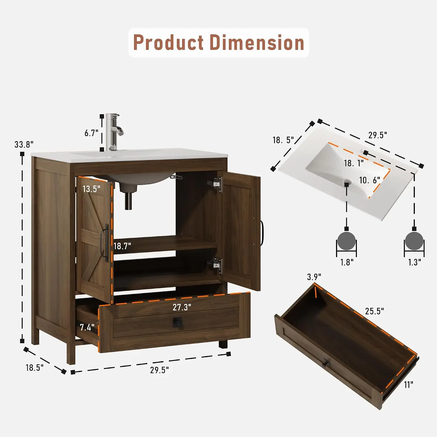 30 Inch Farmhouse Bathroom Vanity with Ceramic Sink, Wooden Cabinet with Undermount Sink, Bathroom Storage Vanity