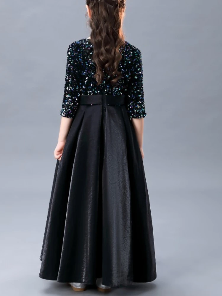 Robe de soirée élégante à col rond, robe de princesse à sequins, nœud simple, pli en satin, robe française personnalisée, manches mi-longues, classique, luxe