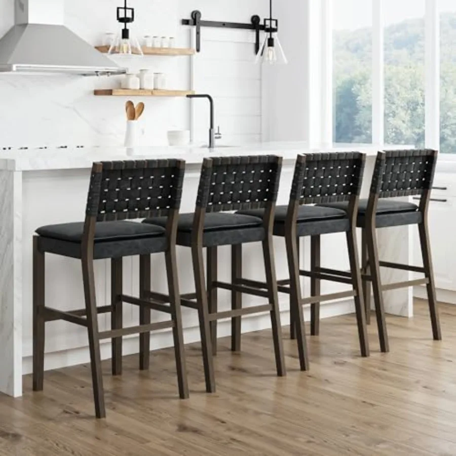 

Cohen Mid-Century Modern 29 дюймов. Деревянный барный стул с обивкой из искусственной кожи, высокий, с каркасом из массива дерева, черный, комплект из 4 штук