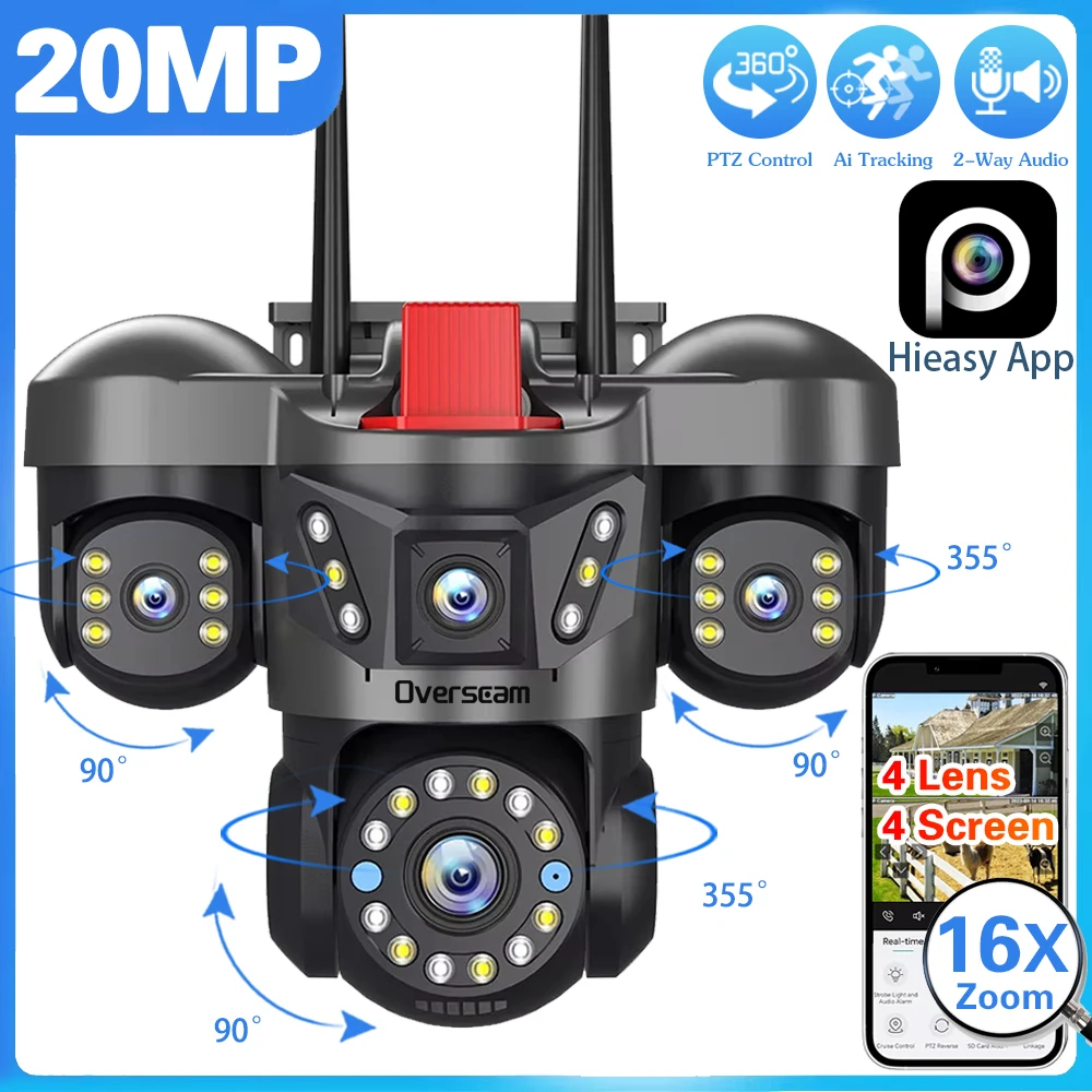 

10K 20MP Outdoor WiFi IP Camera Four Lens Four Screen 360° 16X Zoom PTZ Security Camera Auto Tracking CCTV Wireless Surveillance