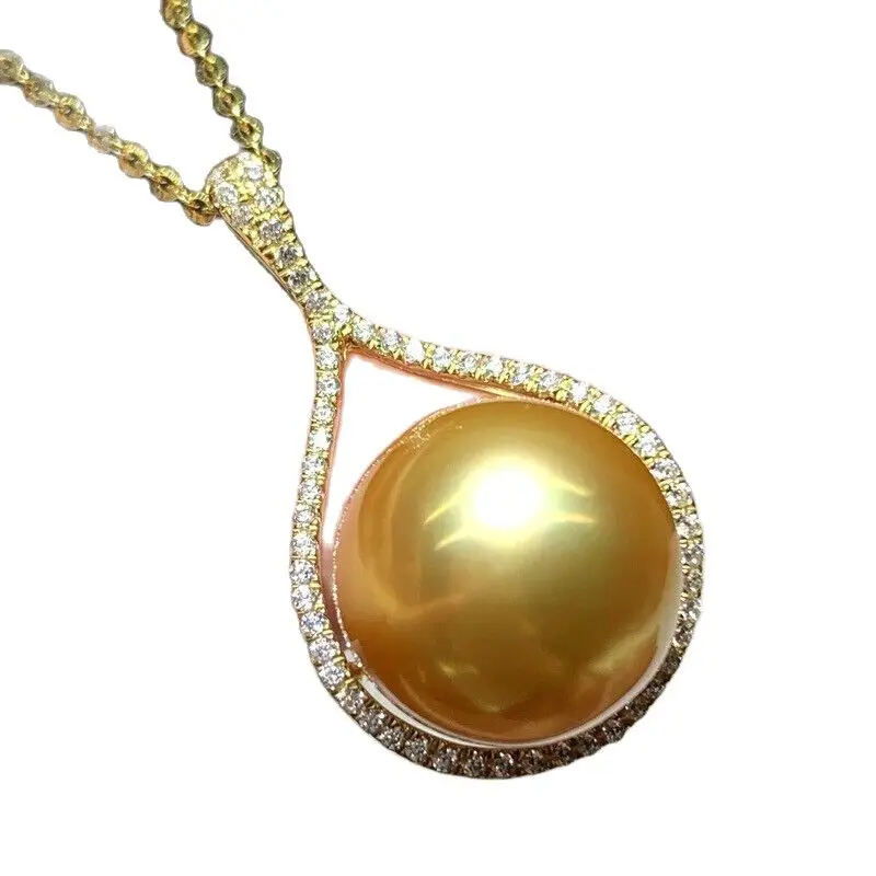 Gorgeous AAAAA 12-13mm South China Sea gold nail pearl pendant necklace 925S