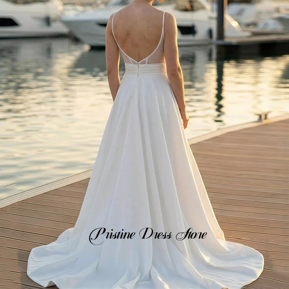 Modern A-Line Deep V-Neck Satin Wedding Dress for Brides Customized Sleeveless Spaghetti Straps Zipper Back Bridal Gowns