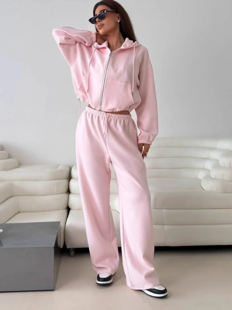 

Повседневный топ с капюшоном на молнии и широкие брюки Комплект из двух предметов Длинный све Топ с капюшоном на талии с поясом Полиэстер Обычный све