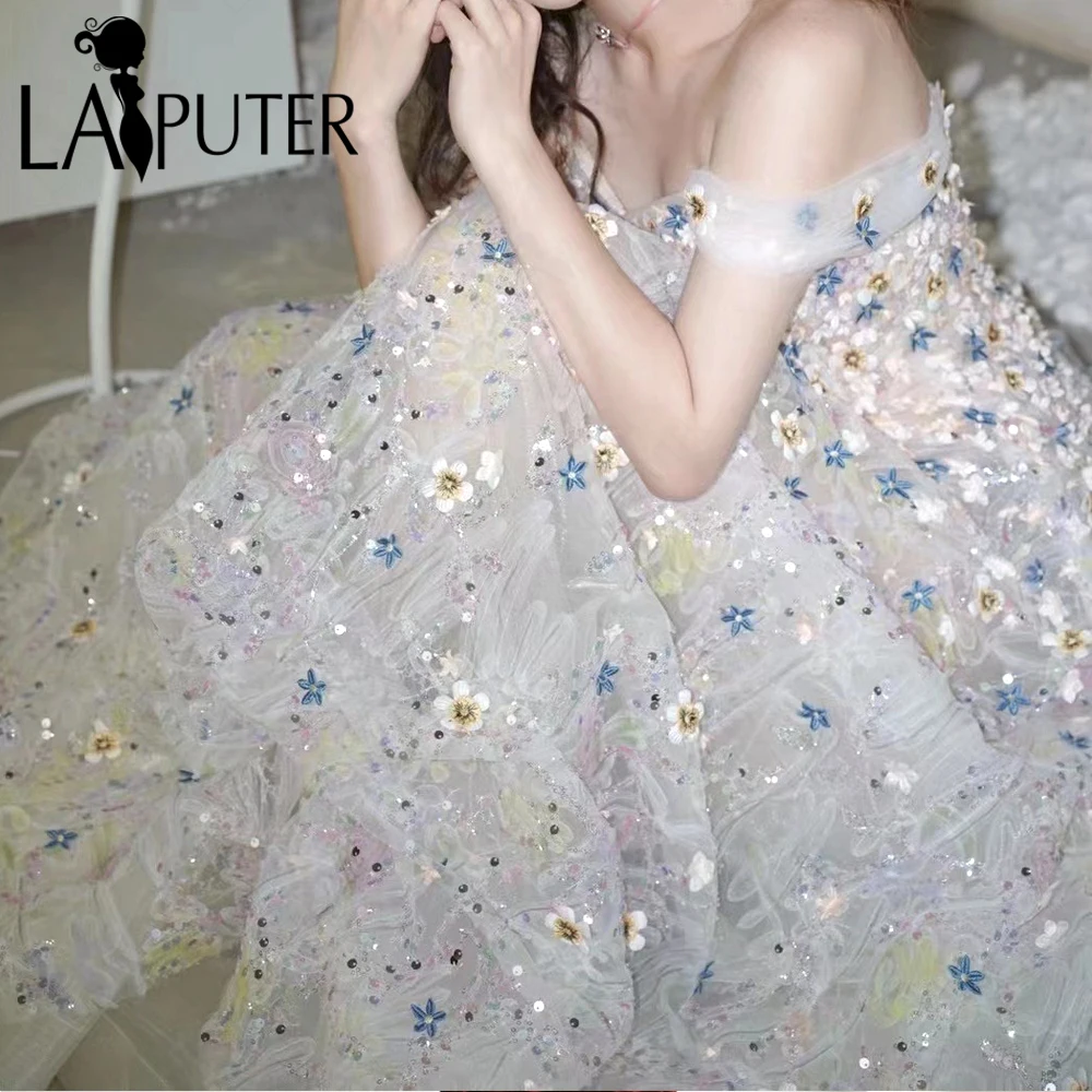 Full Floral Flowers Puffy Prom Dresses Off Shoulder A line Girl Evening Gown Tulle Lovely Party Celebrity Dress