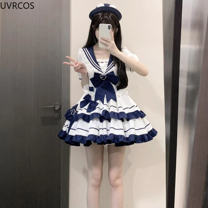 Japanese Kawaii Lolita Style Op Dress Women Sweet Bow Sailor Collar Short Sleeve Dresses Preppy Style Princess Party Mini Dress