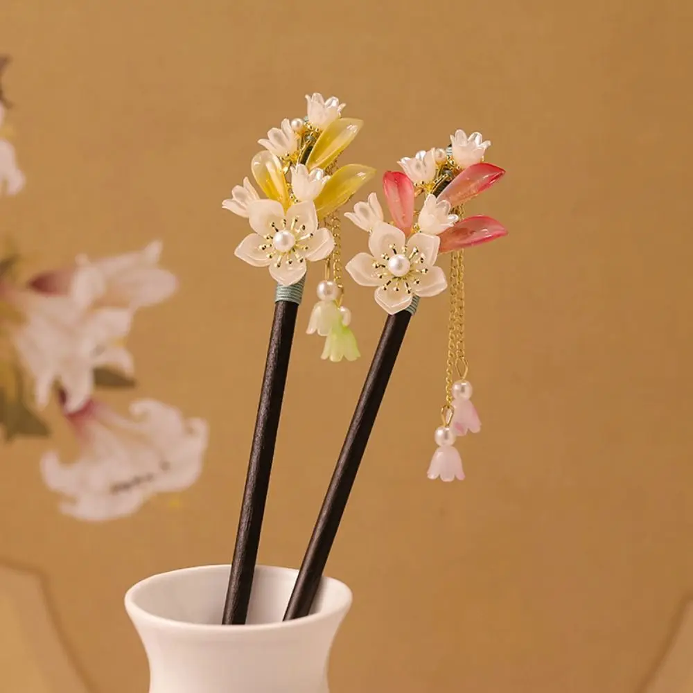 

Ethnic Chinese Style Flower Hair Sticks Handmade with Tassel Wooden Hair Clips Vintage Hair Fork Winding Hairpin for Hanfu