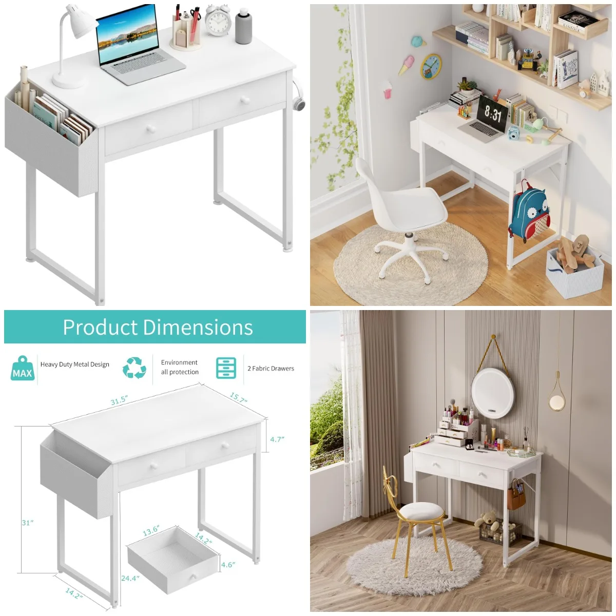 

Small White Desk with Drawers - 32' Home Office Computer Desk, White Study Table for Small Spaces
