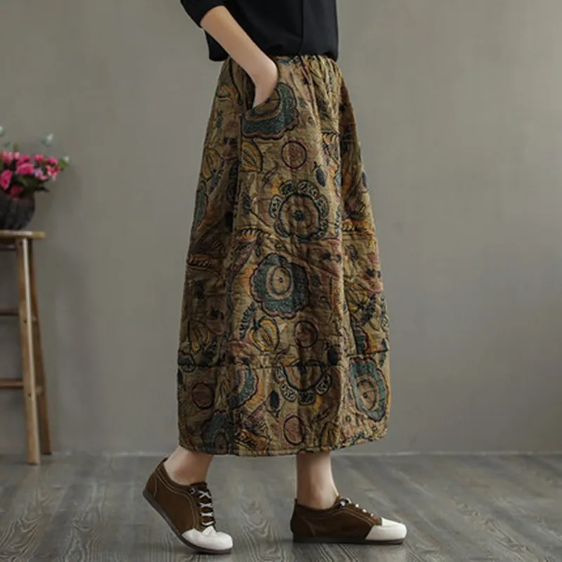 Thick Warm Casual Cotton Skirt Women New Arrival 2024  Autumn Vintage Style Floral Print Loose Female Quiltd Long Skirts M282