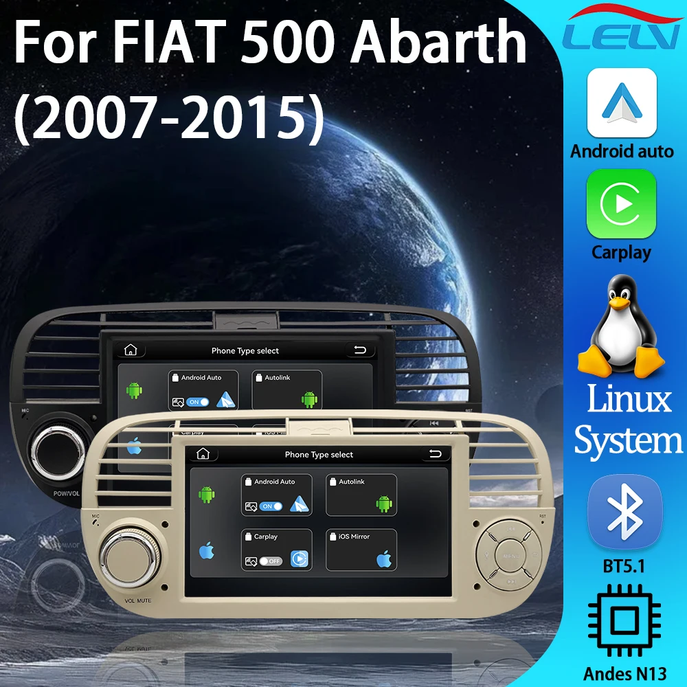 Reproductor de Radio para Auto LELV de 7'' con Sistema Linux, Multimedia para FIAT 500 Abarth 2007-2015 con Navegación GPS, Android Auto, Carplay, WIFI, BT5