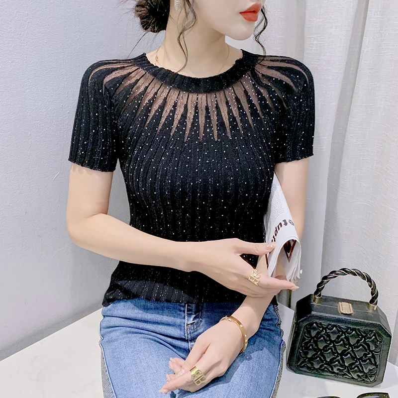 

Black Summer Korean Style Knitted T-Shirt Sexy Patchwork Perspective Bright Diamonds Women Tops Short Sleeve Tees 2024 New 44171