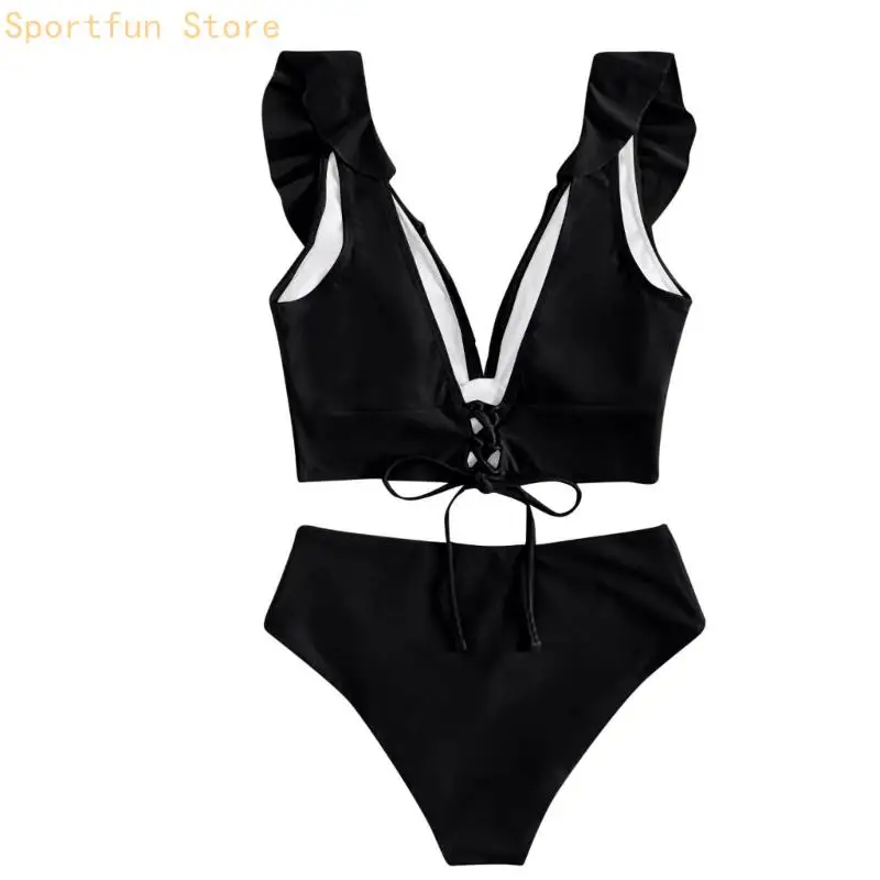 

Women's High Waisted Set Tummy Trimming Swimwear Ruffle Sleeve Two Piece Swimsuit V Neck Swimwear X7JD