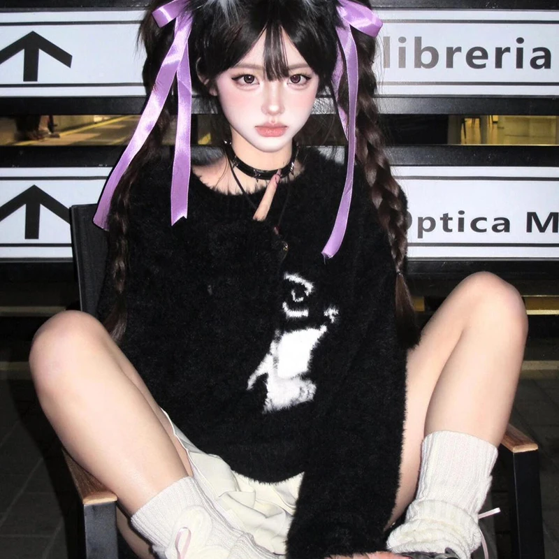 ثقافة فرعية لطيف الملاك الشيطان القط المطرزة فضفاض البلوز سترة خمر Harajuku y2k E-الفتيات kawaii الجمالية الحلو سترة