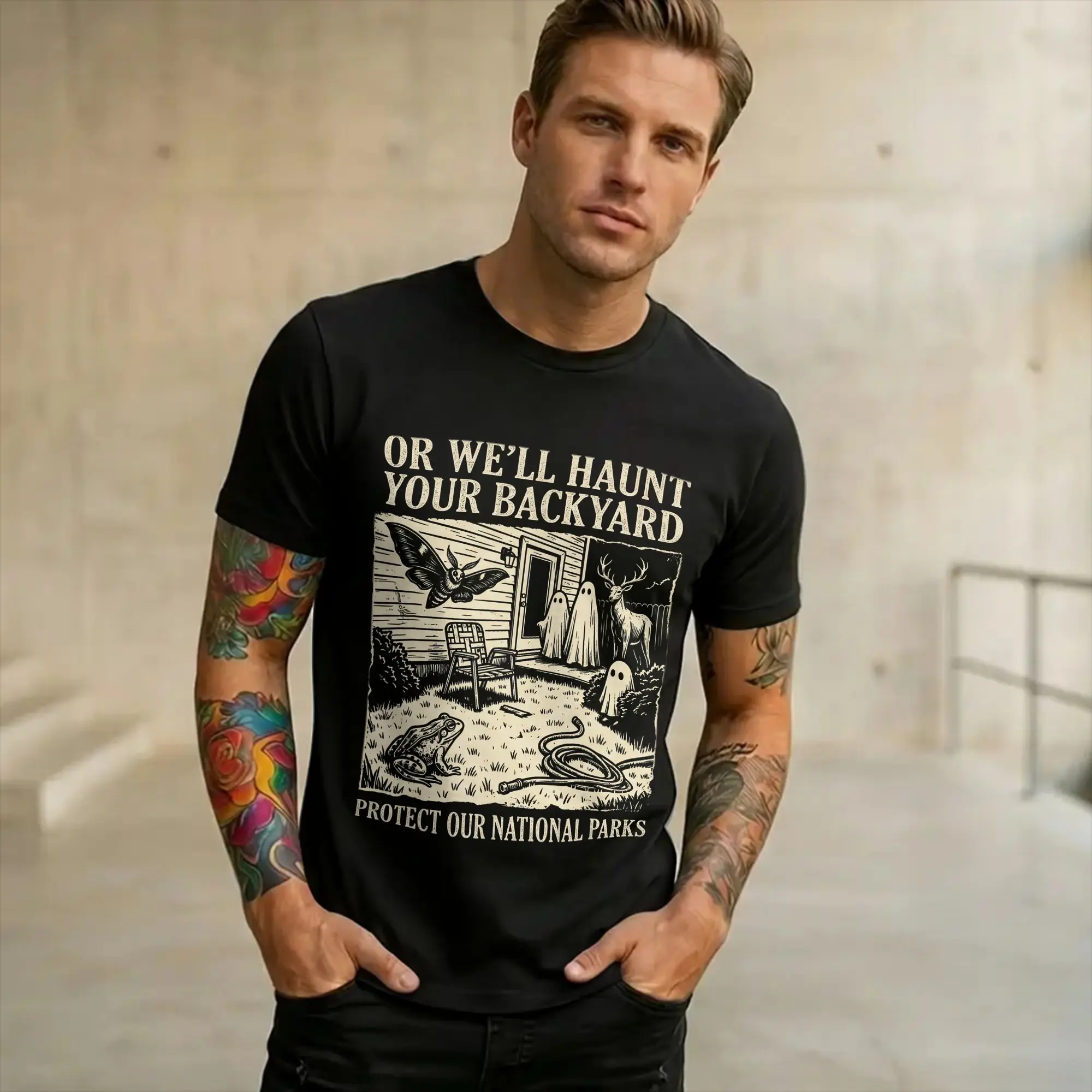 Men Women Fashion Protect Our National Parks or We'll Haunt Your Backyard   Tee T Shirt Pure Cotton  T-shirts Clothing