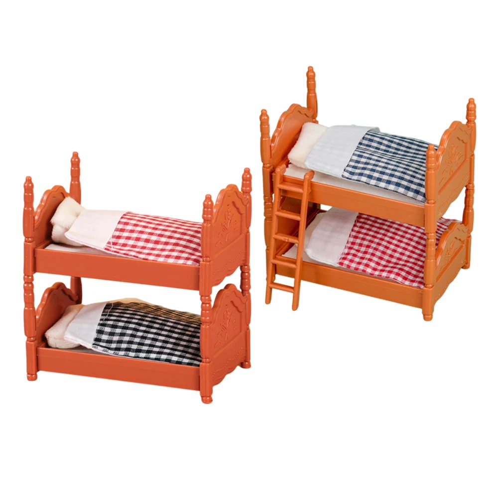 2 Sets Mini Bed Furniture Bunk Beds House Girl Plastic Cozy Bedroom Decor Model Ornament