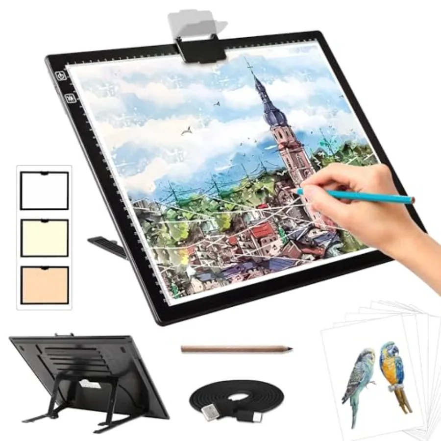 

Rechargeable A3 Light Pad for Diamond PaintingTracing Light Box with Stand and Clip 3 Colors Stepless Dimmable and 6 Levels of
