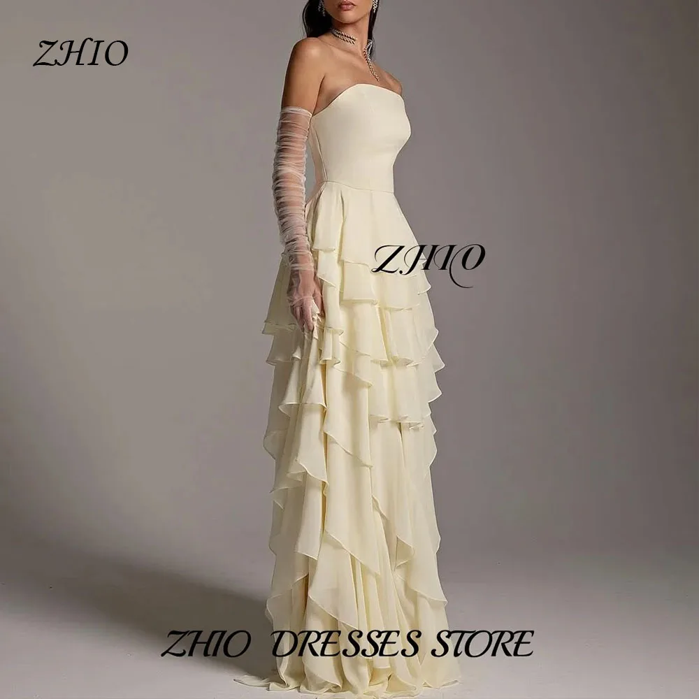 

ZHIO Women Formal Party Evening Dress Strapless Cream Chiffon Tiered Ruffle Sheer Sleeve Maxi Gown فساتين سهرات Custo