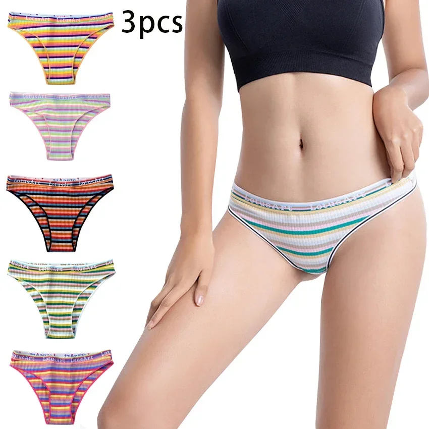 3pcs Women Panties Girl Sexy Underwear Student Cute Stripe low-Rise Waist Briefs Female Soft Cotton Women\'s Underpants