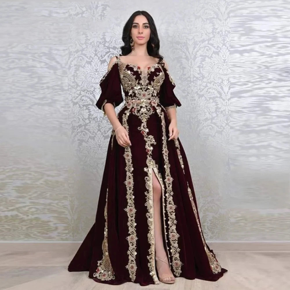 

Burgundy Moroccan Caftan Formal Evening Dresses A-line Half Sleeves Appliques Prom Dresses Arabic Party Dresses