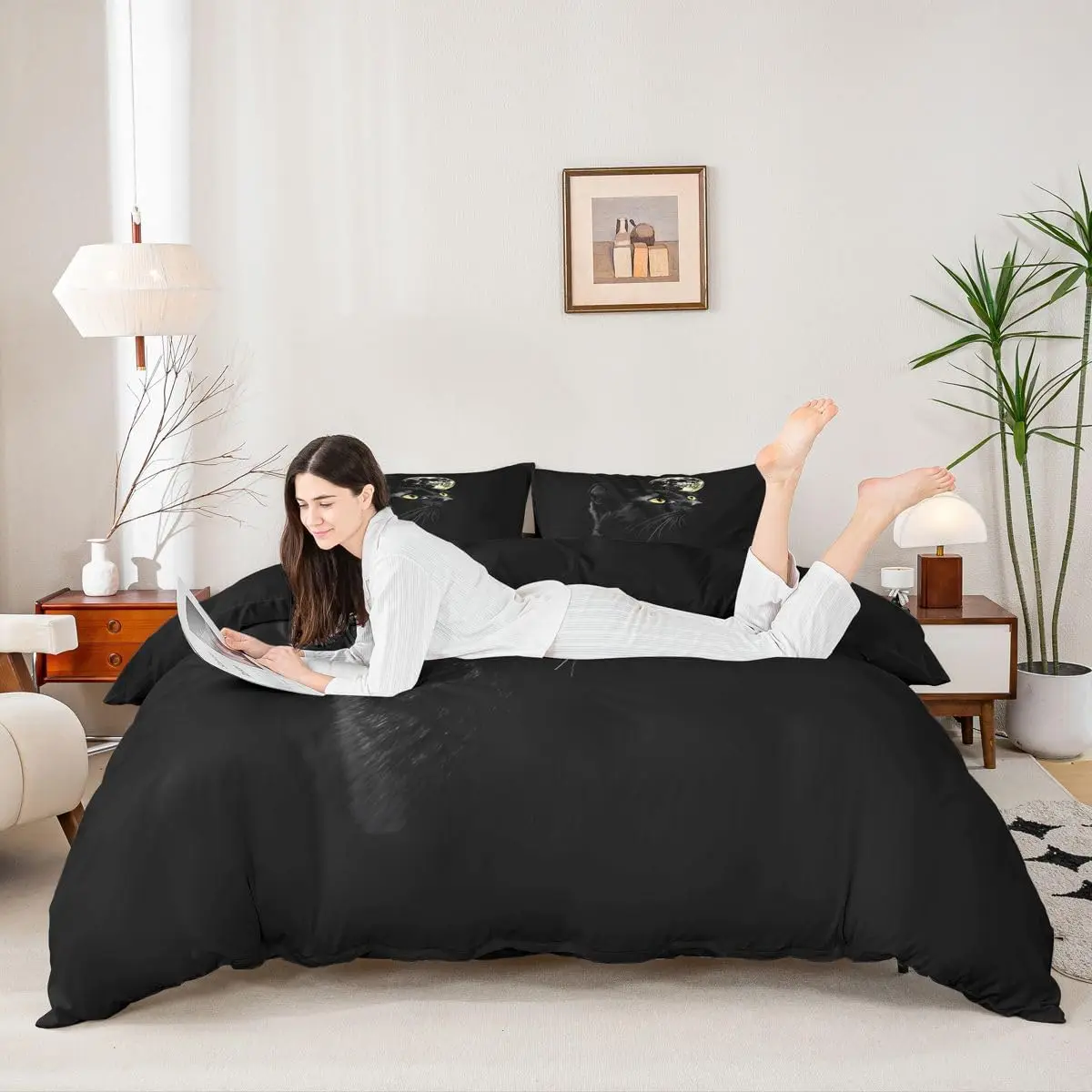 Cute Black Cat Pattern Bedding Set King Size Decorative Duvet Cover With 2 Pillowcases Farmhouse Cats Comforter Cover