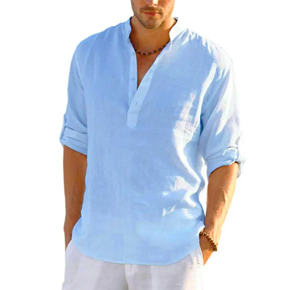 2022 New Men Casual V Neck Cotton Linen Shirt Tops