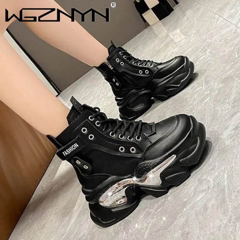 

NEW Women Ankle Boots Autumn Chunky Shoes Woman High Platform Breathable Sneakers 8CM Thick Sole Wedges Motorcycles Boots Winter