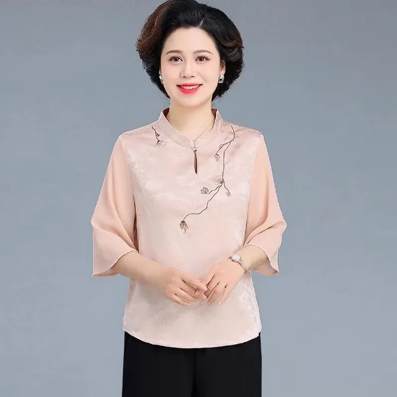 

Mom's Summer Half-sleeved Top New New Chinese Style Short Sleeved for Middle-aged Elderly Women