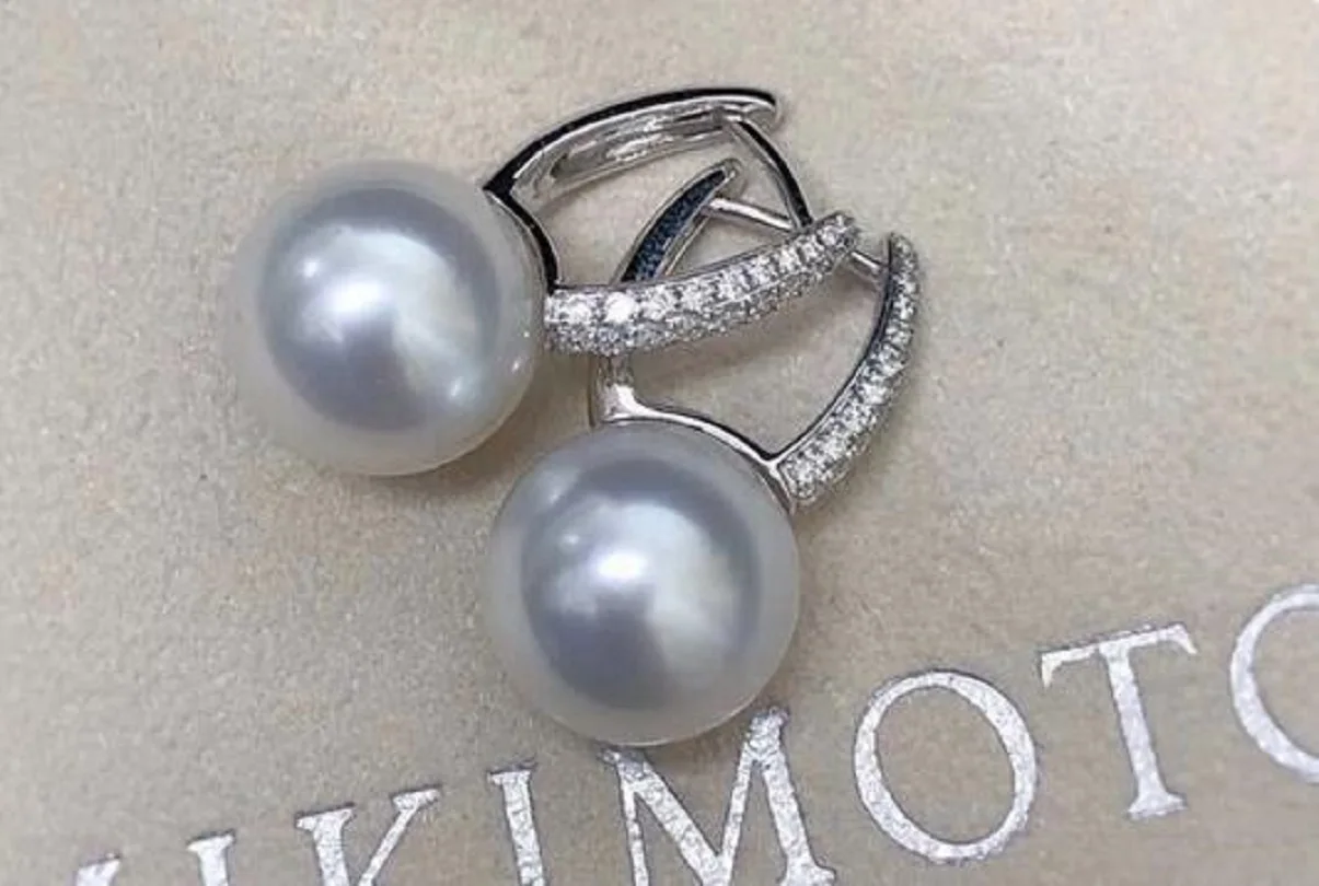 Double pearls Gorgeous AAAA+++ Japan Akoya Round  11-12mm White Pearl Earrings 925s