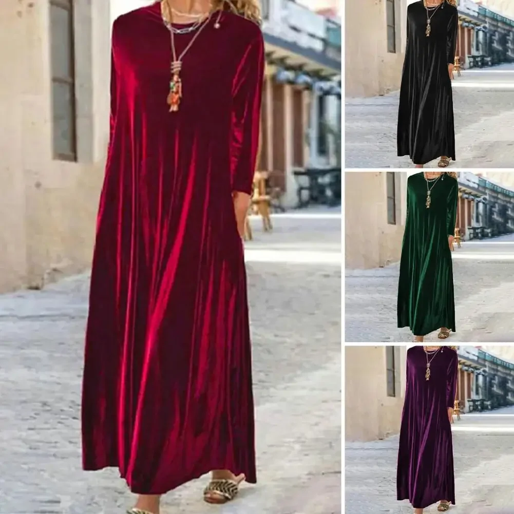 

Fast Shipping Velvet Maxi Dress Pile Collar Long Sleeves Women Dress A-Line Pockets Autumn Dress Pleated Loose Hem Party Dress