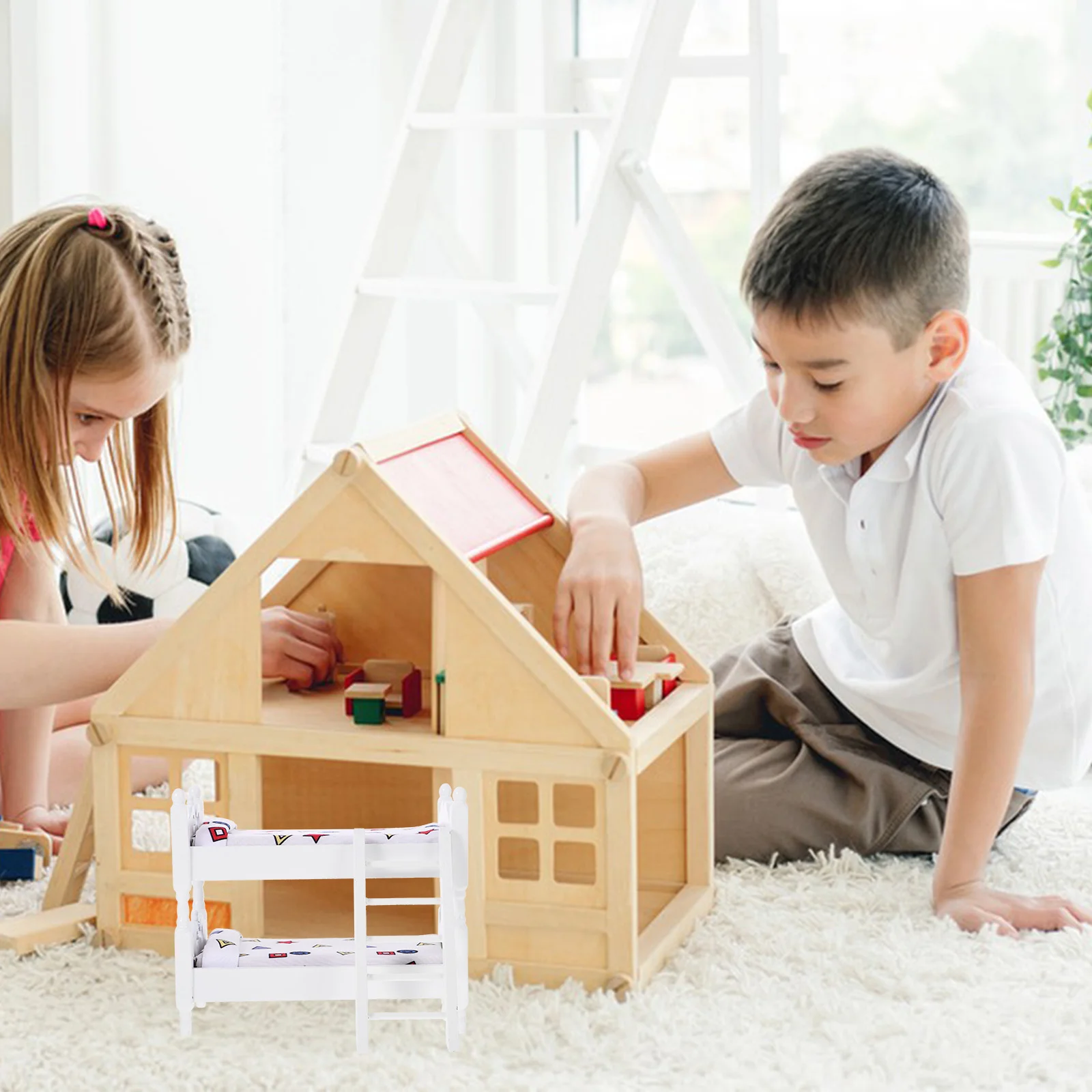 Huis Houten Poppenhuis Stapelbed Kinderbedden Miniatuur Dubbel Prop Meubilair