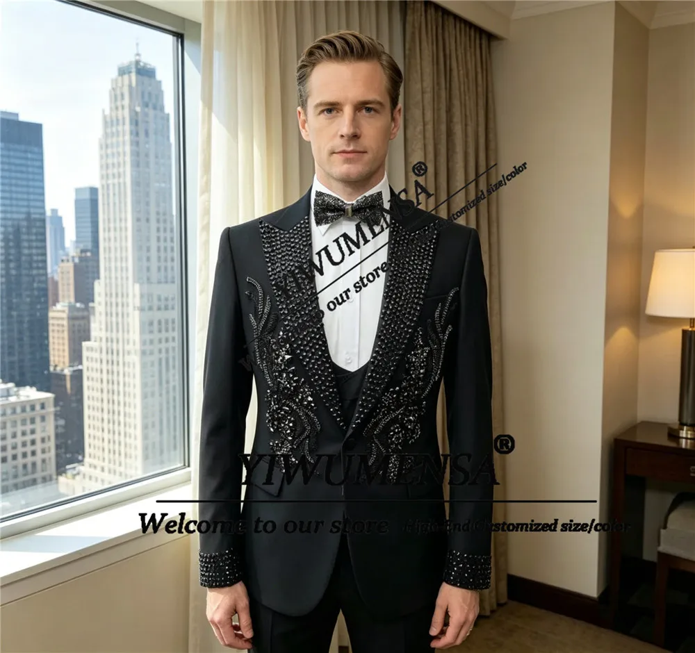 

Luxury Black Diamond Beaded Suit Men Formal Wear 3 Piece Sets Groom Wedding Tuxedo Customized Man Banquet Attire Man Tuxedos