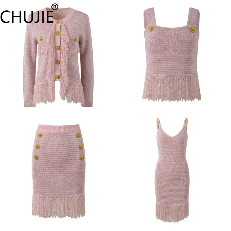

CHUJIE 2025 French Luxury 4-Piece Set | Gold Button Fringe Slim Fit Top + Slip Dress & Skirt | Designer Office Wardrobe