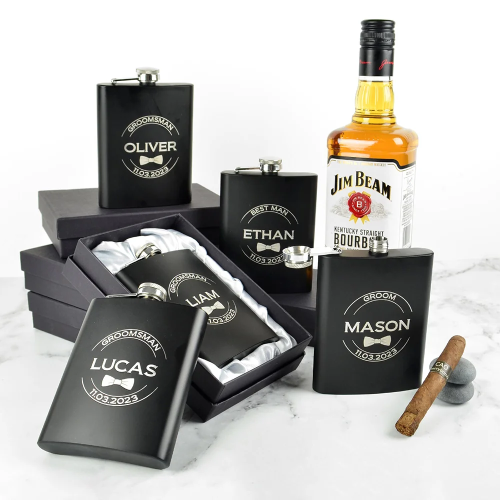 Personalized Groomsmen Flasks Custom Engraved Flask 6OZ Whiskey Alcohol Bottle For Groomsmen Gifts Black Hip Flask Wedding Party