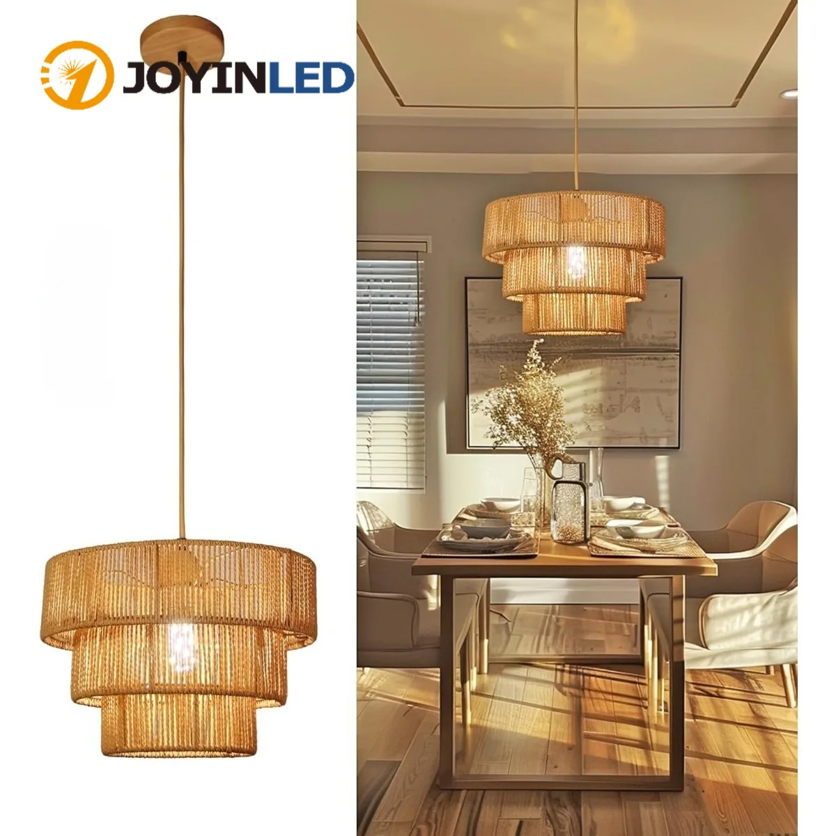 JOYINLED Woven Paper Rope Pendant Light, 32cm Boho Rattan Chandelier Farmhouse Beige Lampshade for Living Room Dining Room Lamp
