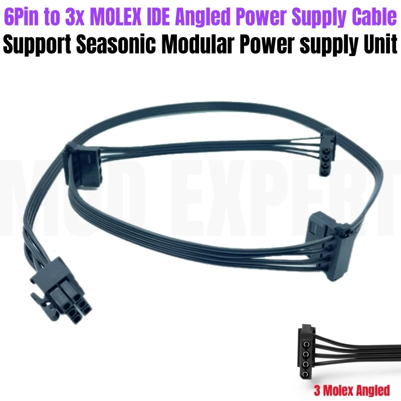 6Pin to 3x Molex IDE 4Pin Angled, Peripheral Power Cable for Seasonic FOCUS SGX 750W, 650W, 550W, 500W, 450W GOLD Modular Power